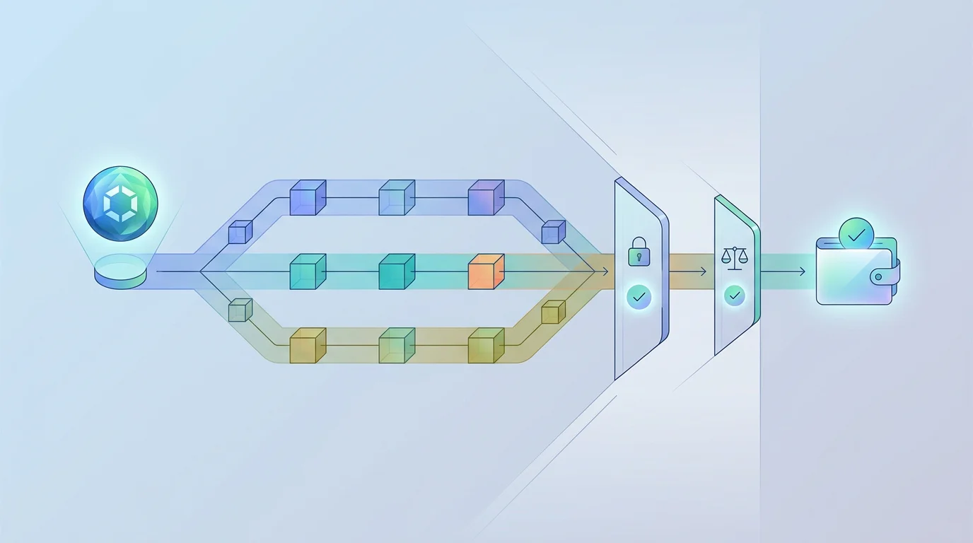 ภาพประกอบเชิงการศึกษาที่อธิบายเส้นทางจากสินทรัพย์คริปโตไปยัง network ที่ตรงกัน แล้วตรวจ wallet address และ minimum