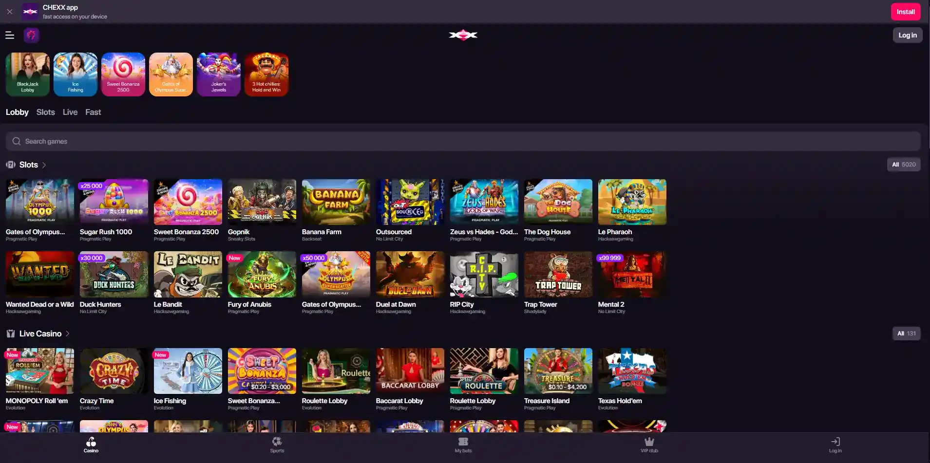 หน้าล็อบบี้คาสิโน CHEXX ที่แสดงหมวดเกมและการเรียกดู provider