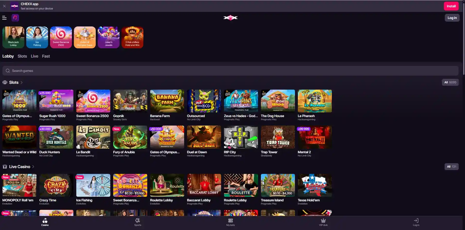 หน้าหมวด Live Casino CHEXX ที่เห็นโต๊ะและเกมจากผู้ให้บริการคาสิโนสด