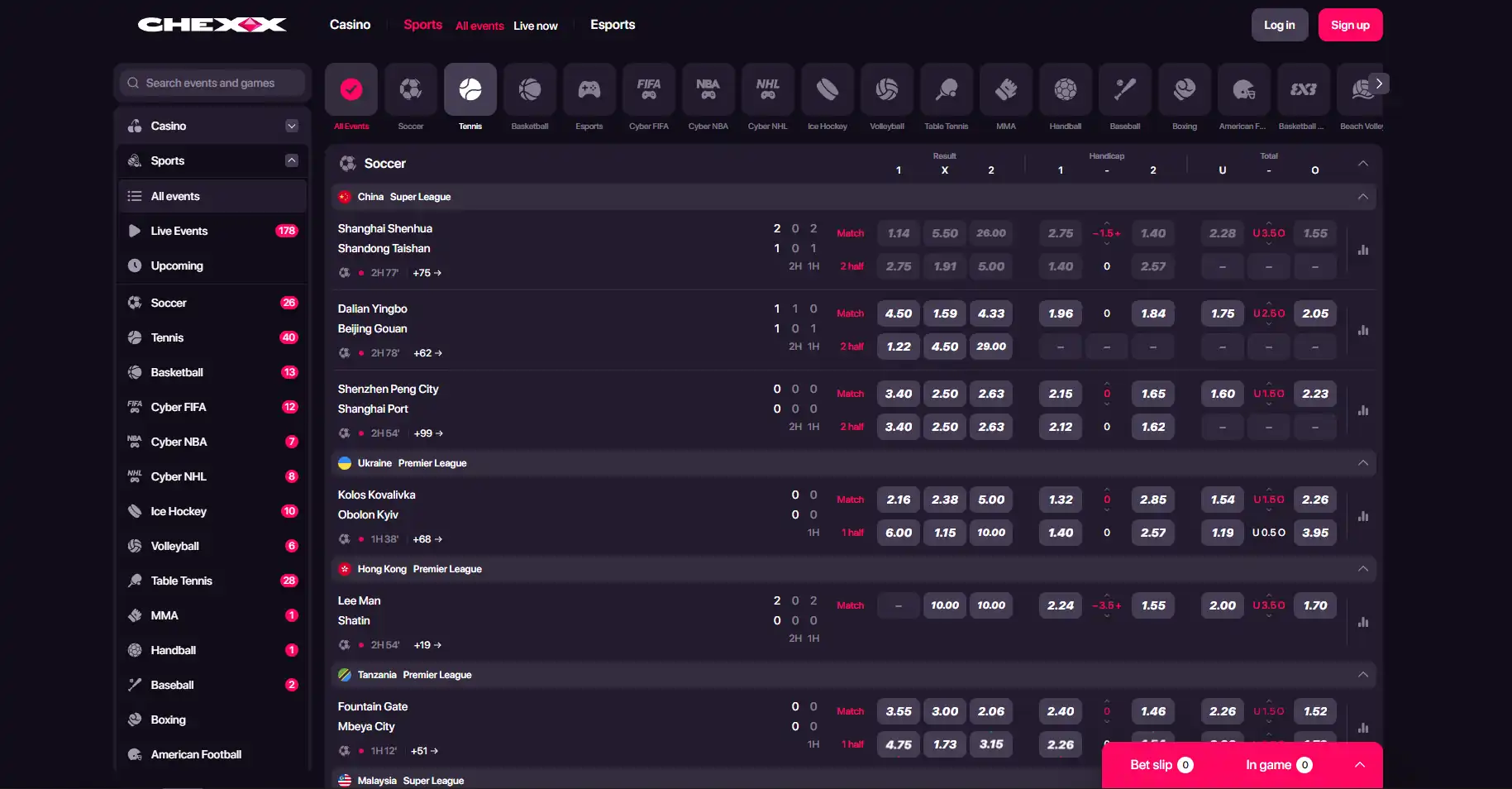 หน้า CHEXX Sportsbook หรือ Esports navigation ที่แสดงหมวดกีฬาและอีสปอร์ต